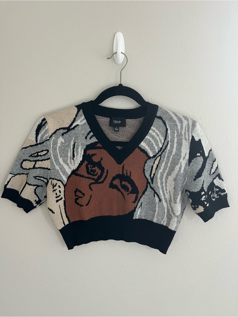 Y2K Chérie Los Angeles Graphic  Knit Cropped V-Neck Sweater L
